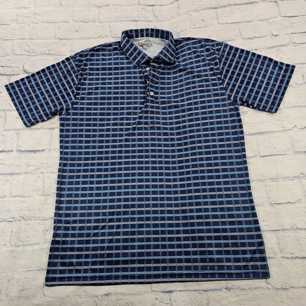 Collars & Co Polo Shirt Mens XL Blue Plaid Dress Collar Short Sleeve Golf Top
